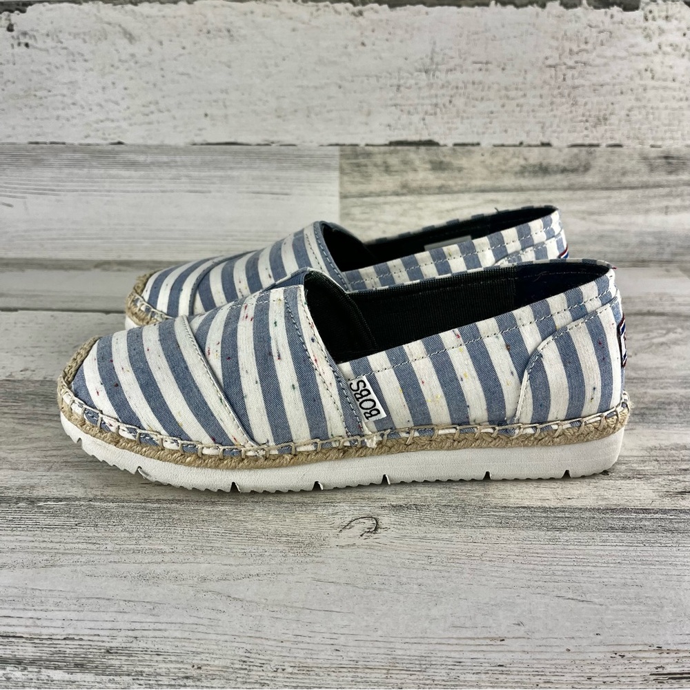 BOBS from Skechers Charter Party Blue White Stripe Canvas Espadrille Shoes 7